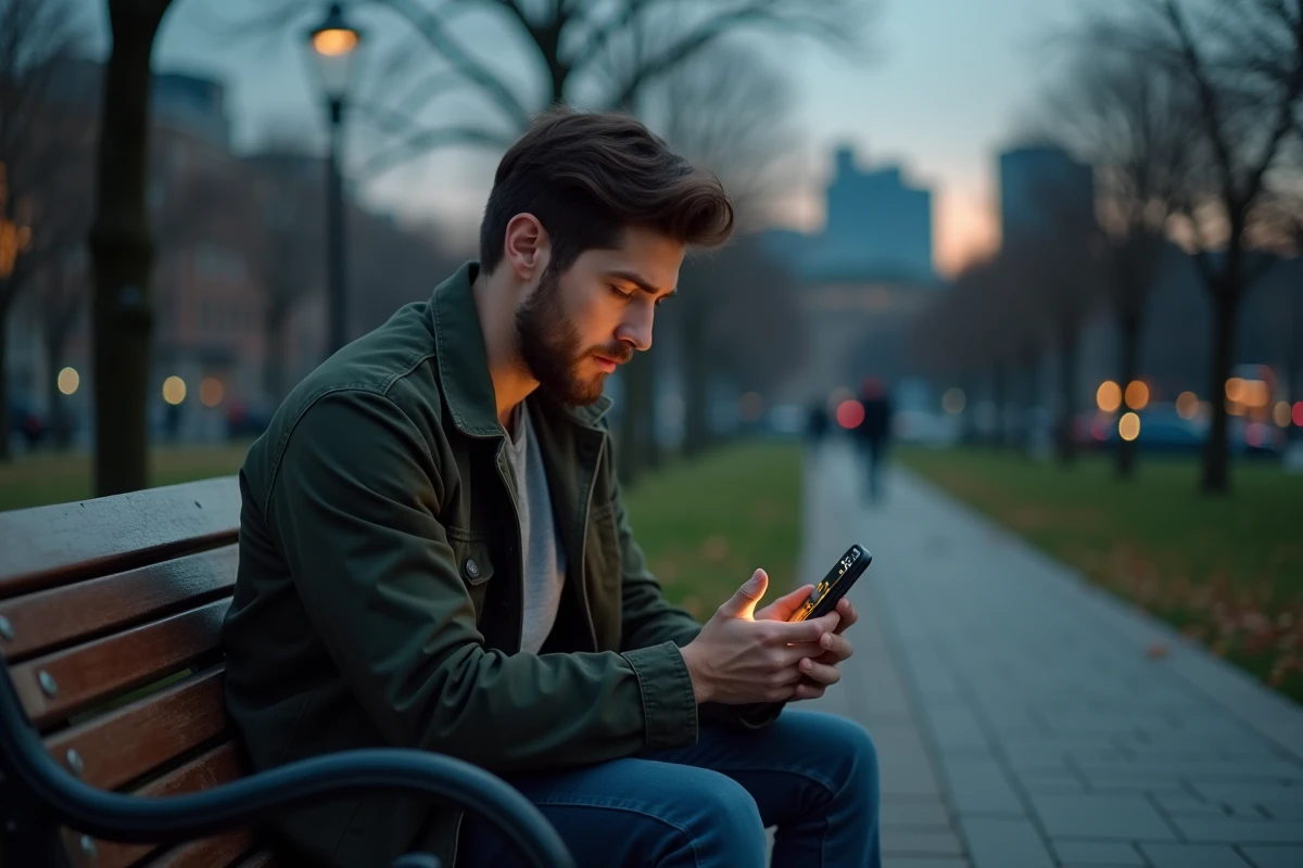 Homme assis sur un banc de parc regardant l'heure 21h12 sur son téléphone, symbolisant une prise de conscience liée à sa flamme jumelle