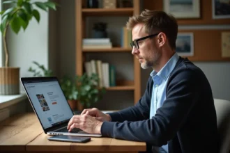 Homme d'âge moyen travaillant sur un ordinateur dans un bureau cosy