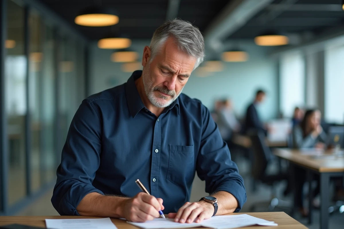 Homme en bureau moderne écrivant une note à la main, évoquant l'orthographe correcte de je t'envoie en français