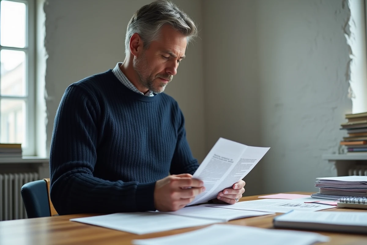 Homme concentré lisant un article dans un bureau minimaliste, recherche de contenu et exploration intellectuelle