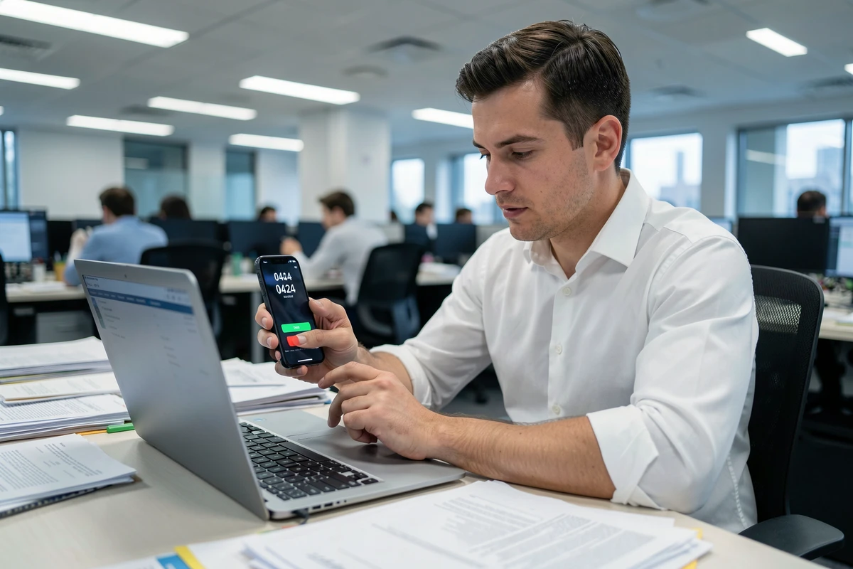 Homme en bureau refusant un appel téléphonique de démarchage avec le préfixe 0424 sur son téléphone professionnel