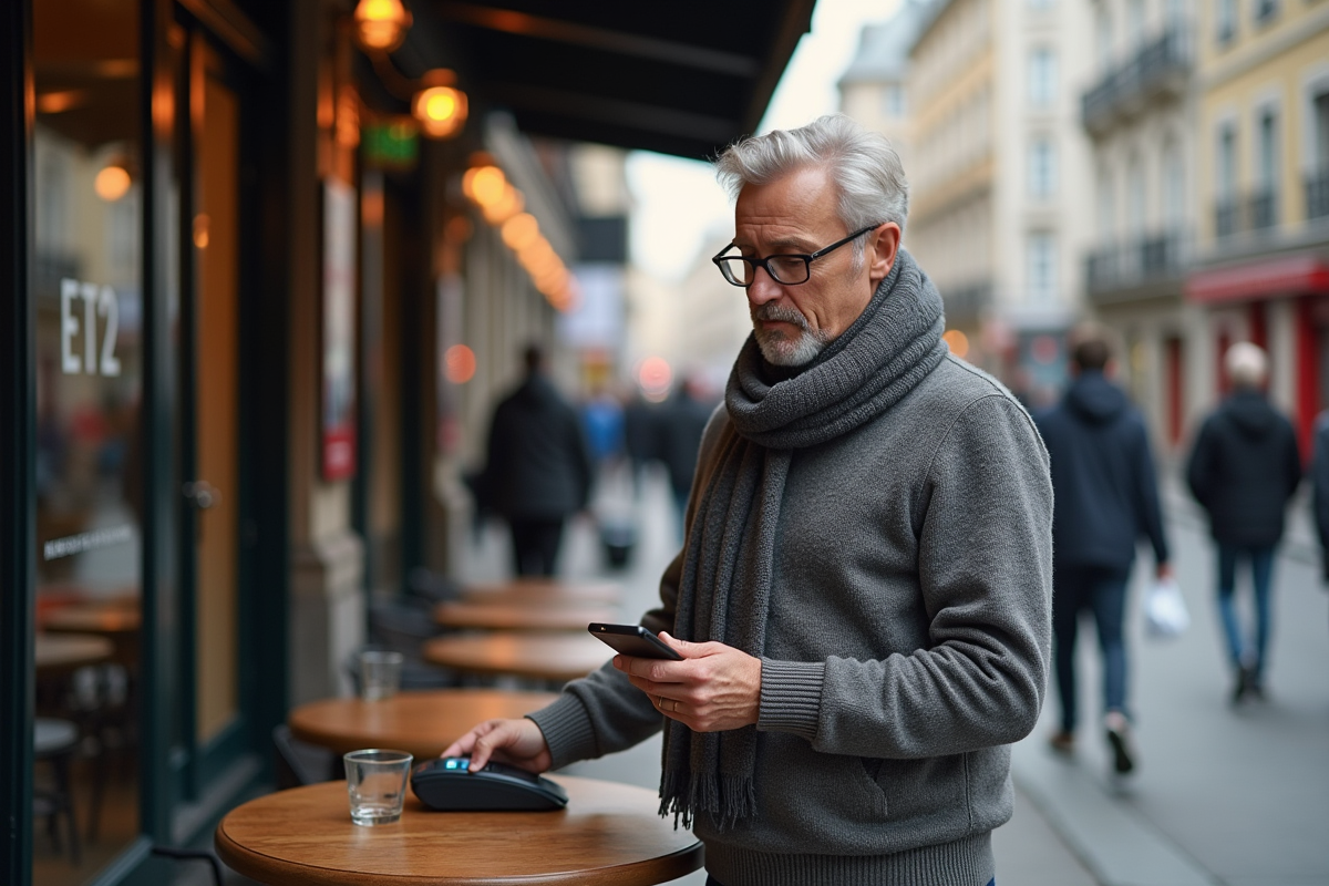 Homme d age moyen utilisant un terminal de paiement en extérieur