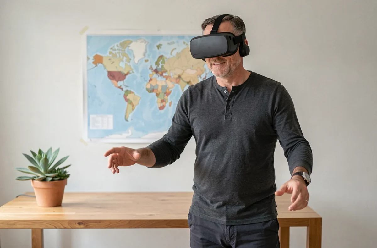 Homme portant un casque de réalité virtuelle pour explorer le désert du Sahara depuis son bureau à domicile