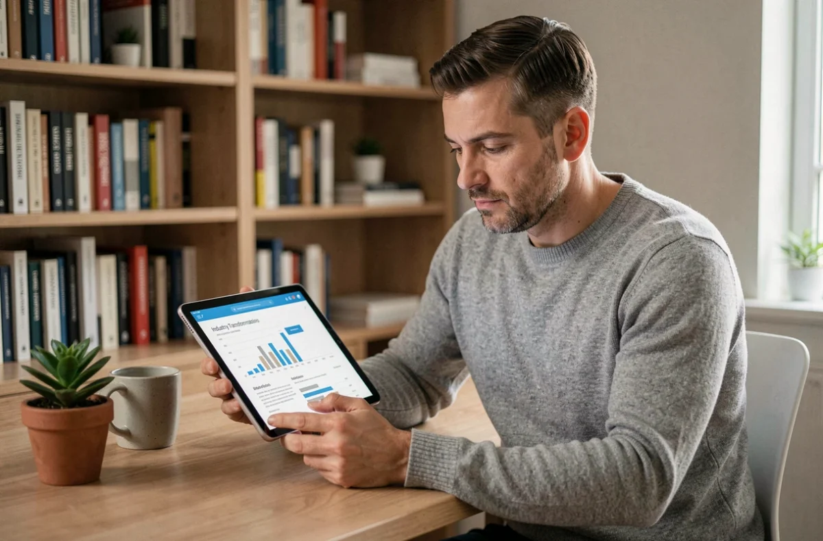 Homme consultant lisant des analyses sur la disruption économique dans un bureau à domicile épuré