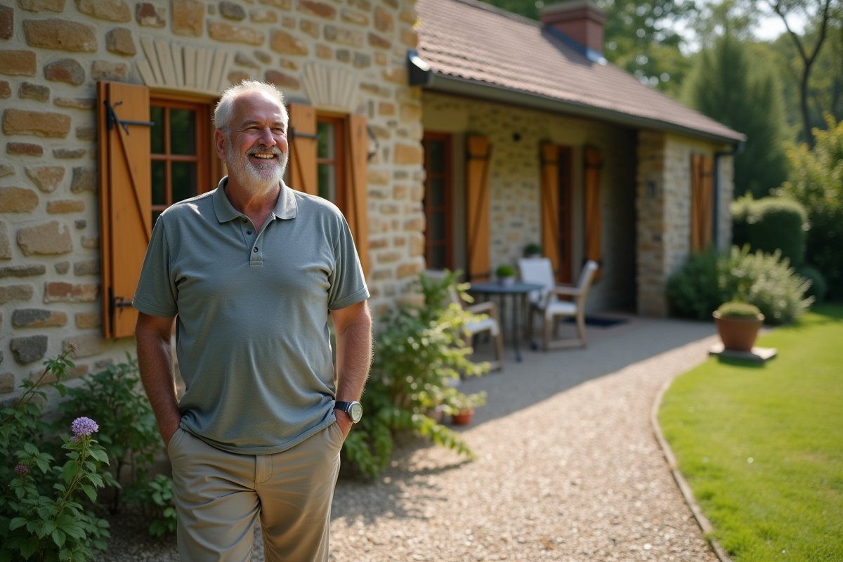 Homme détendu devant une maison de campagne en pierre