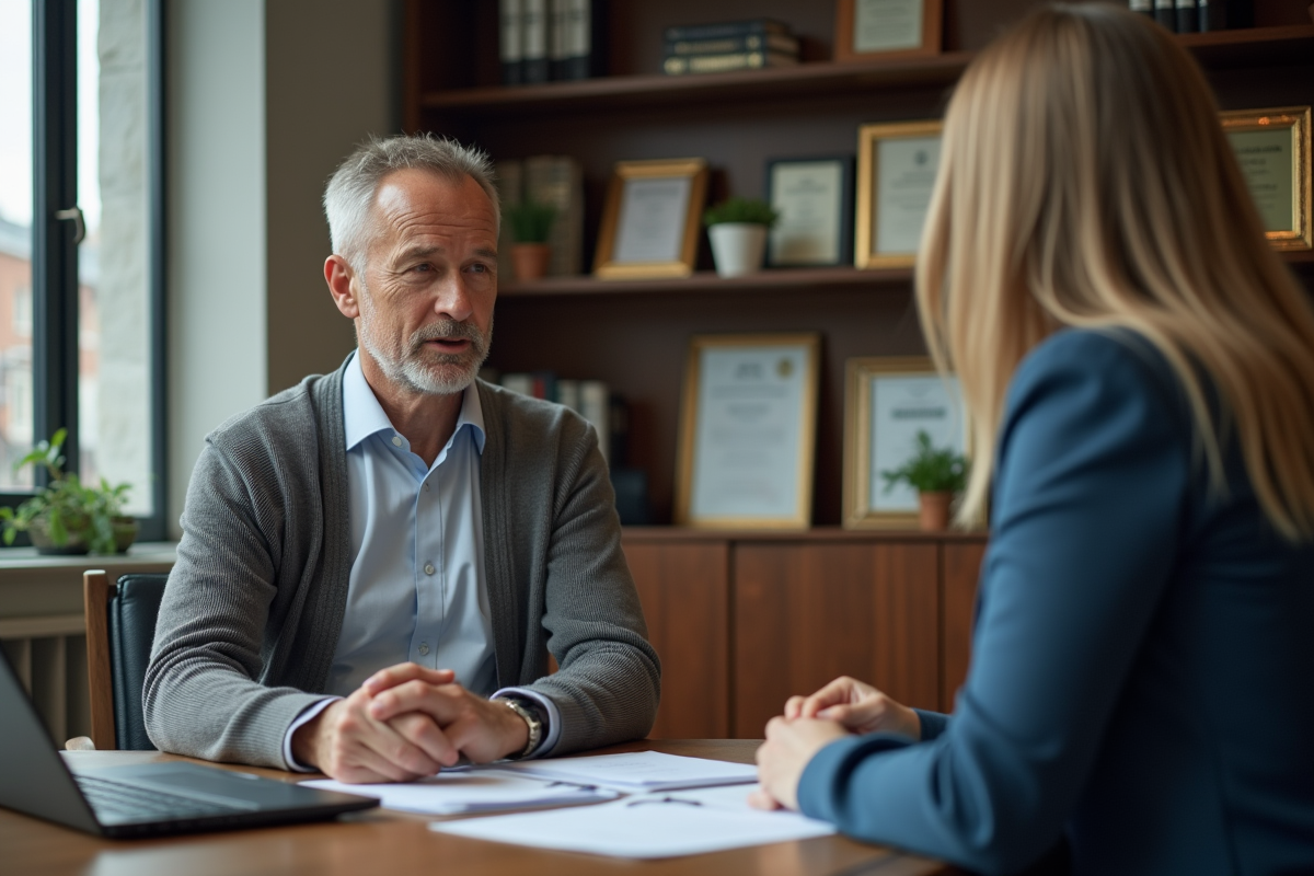 Homme d age discutant de pret immobilier avec conseiller en bureau professionnel