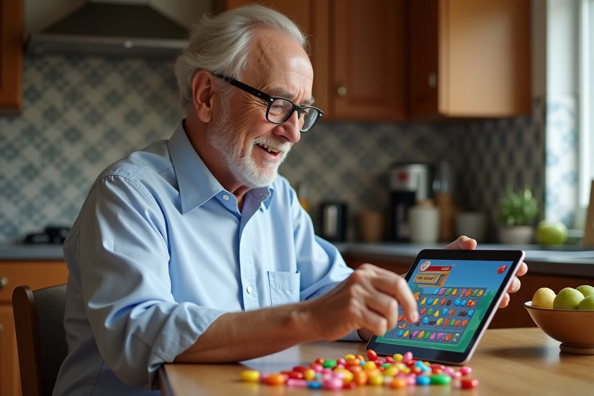 Homme âgé jouant à Candy Crush sur une tablette dans la cuisine