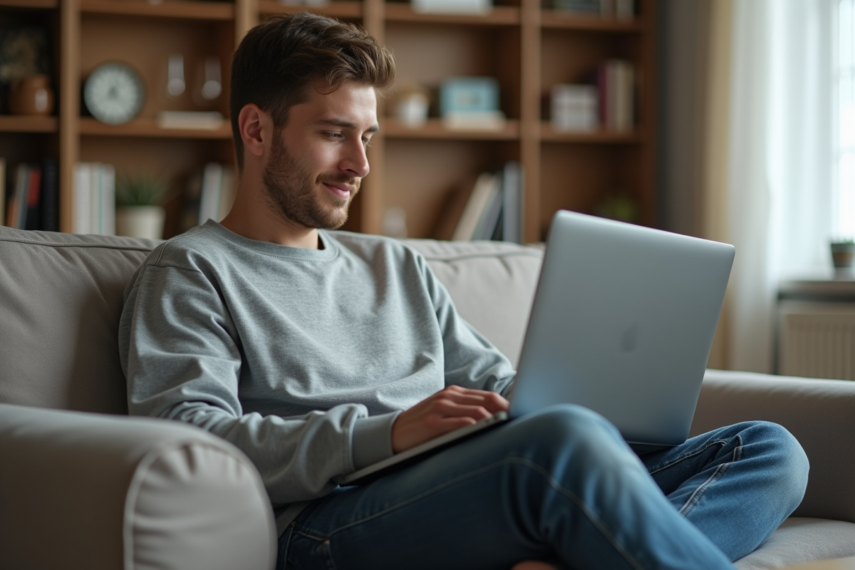 Jeune homme détendu avec ordinateur dans un salon lumineux
