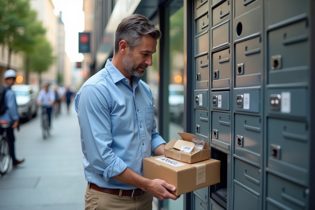 Homme organisant des colis dans un casier Mondial Relay