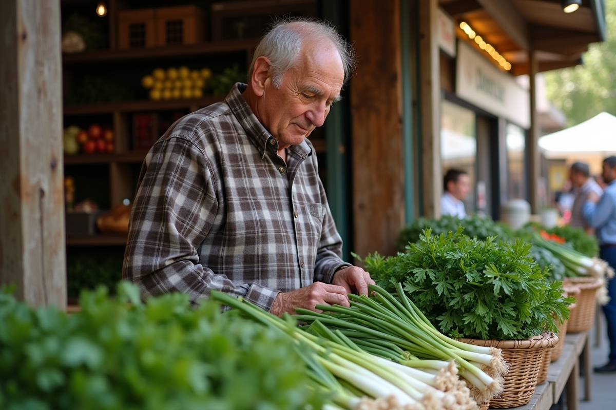 Homme âgé examinant des herbes au marché en plein air