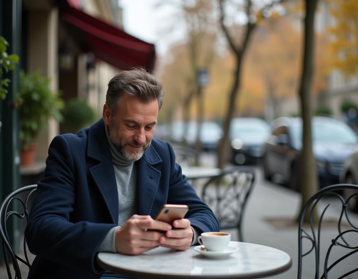 Homme concentré sur son téléphone pour envoyer un message dans un café parisien en automne