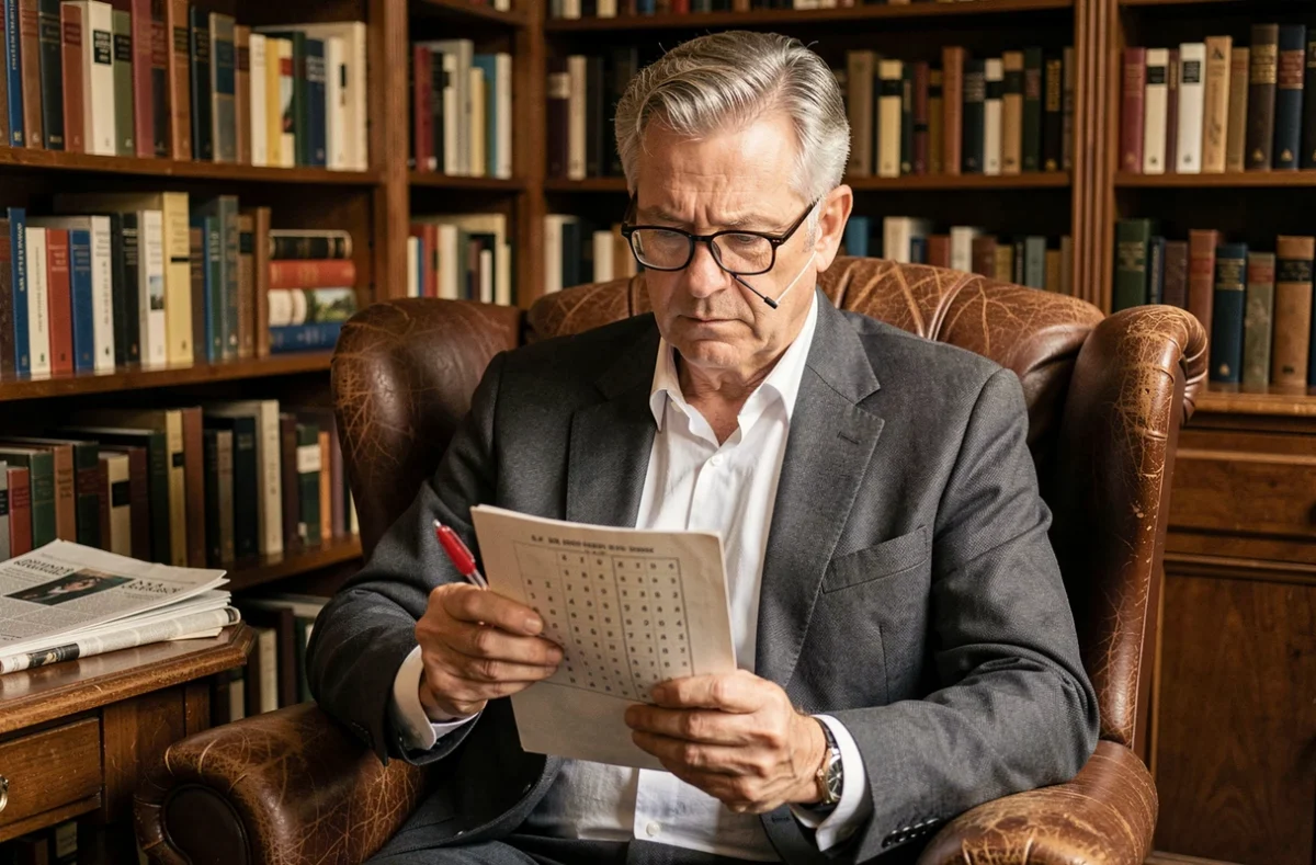 Homme mûr avec lunettes de lecture résolvant un sudoku imprimé dans un fauteuil de bibliothèque, énigme de QI classique