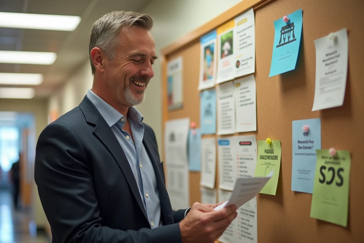 Homme examinant résultats de quiz dans un centre communautaire