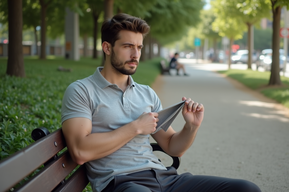 Homme en polo extensible assis dans un parc urbain