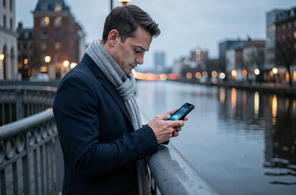 Homme célibataire sur un pont urbain regardant son téléphone affichant 07h07, symbolisant la quête d'une relation amoureuse guidée par les anges