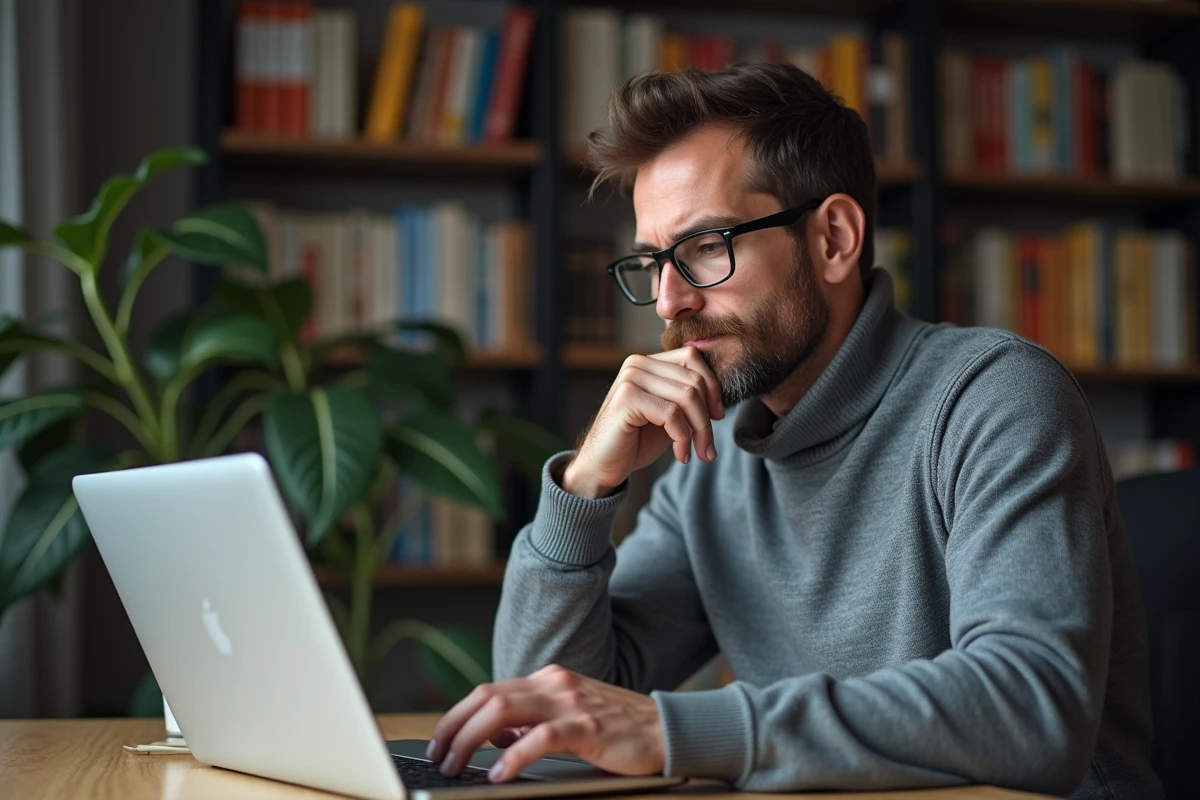 Homme réfléchissant devant un ordinateur avec un dictionnaire ouvert, symbolisant les doutes orthographiques en français