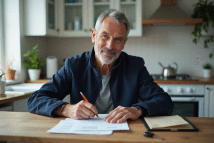 Homme d'âge moyen remplissant des papiers avec une voiture ancienne