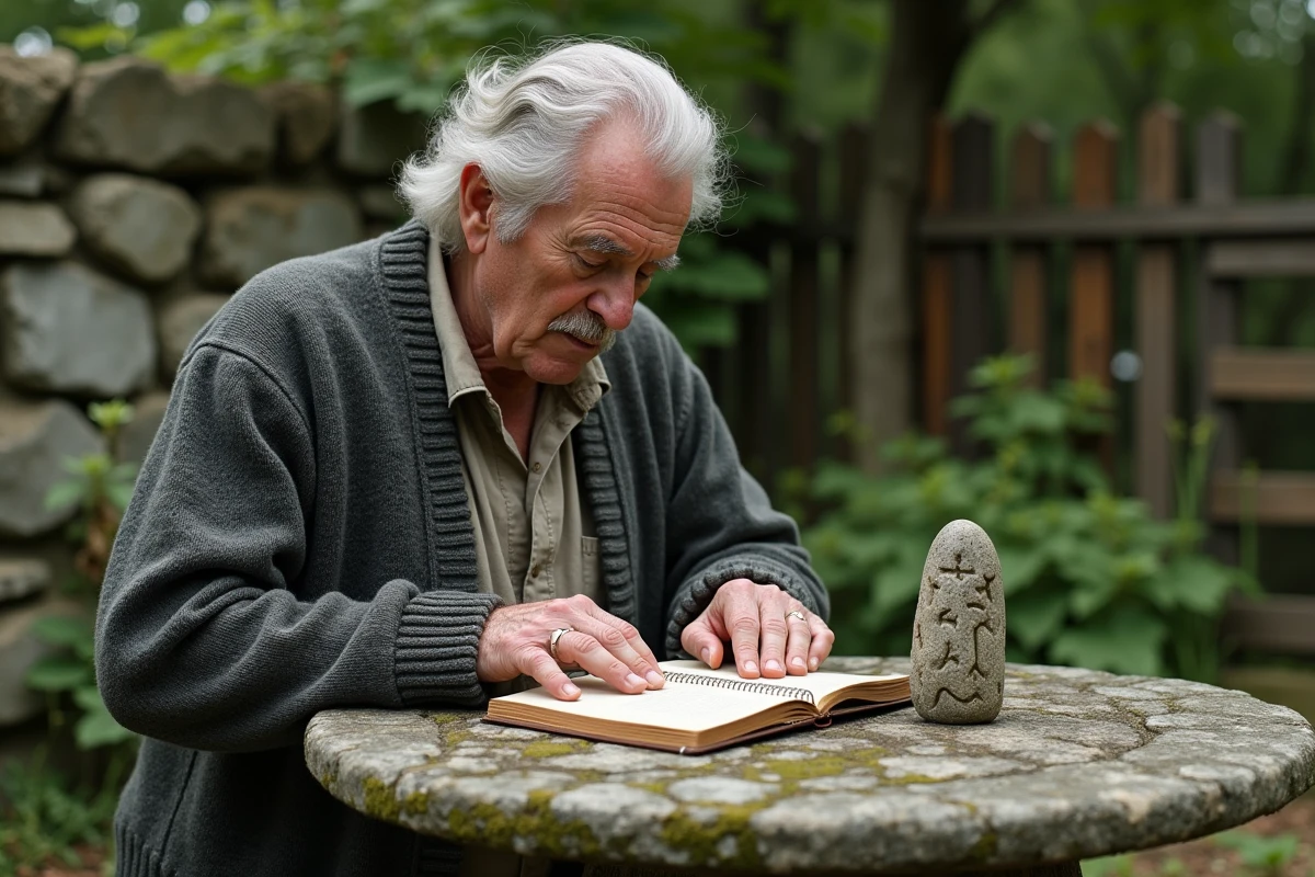 Homme ancien posant une rune dans un jardin paisible