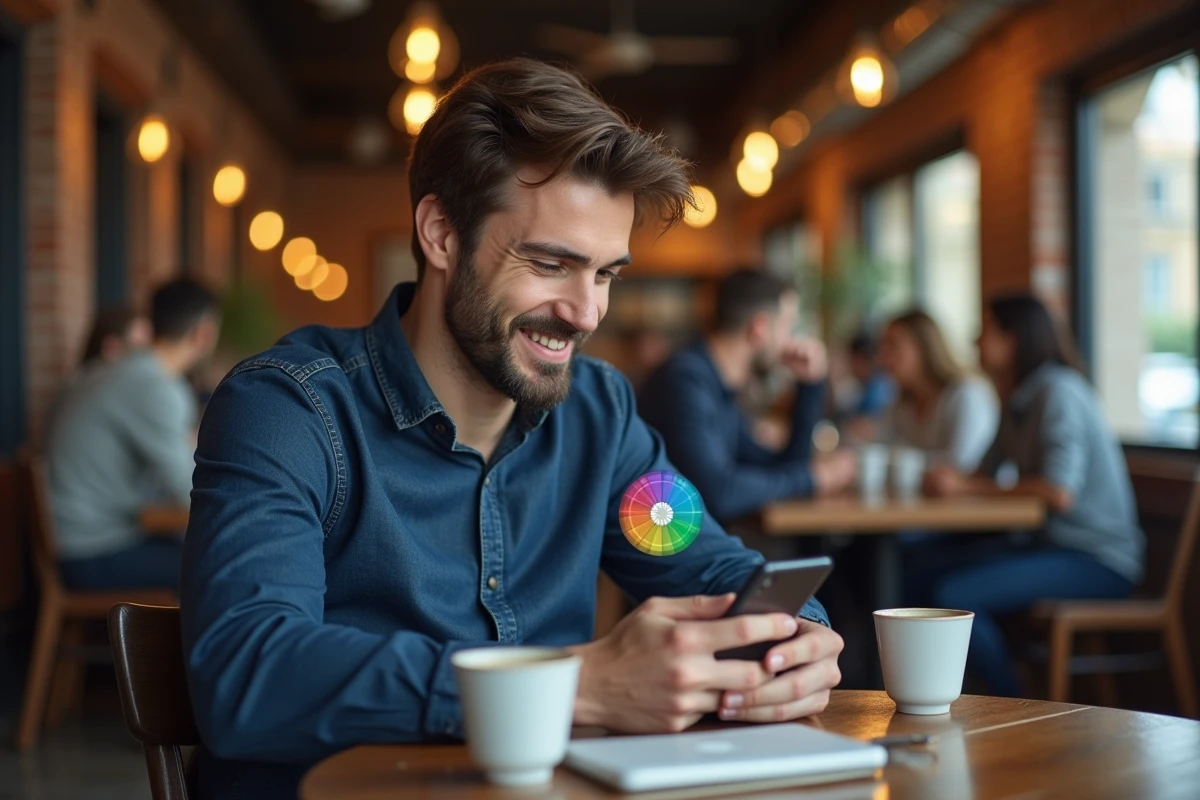Homme consultant le spinner virtuel Google sur smartphone dans un café urbain