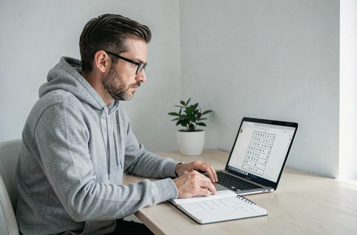 Homme avec lunettes résolvant un sudoku en ligne sur ordinateur portable dans un bureau moderne, défi de QI numérique