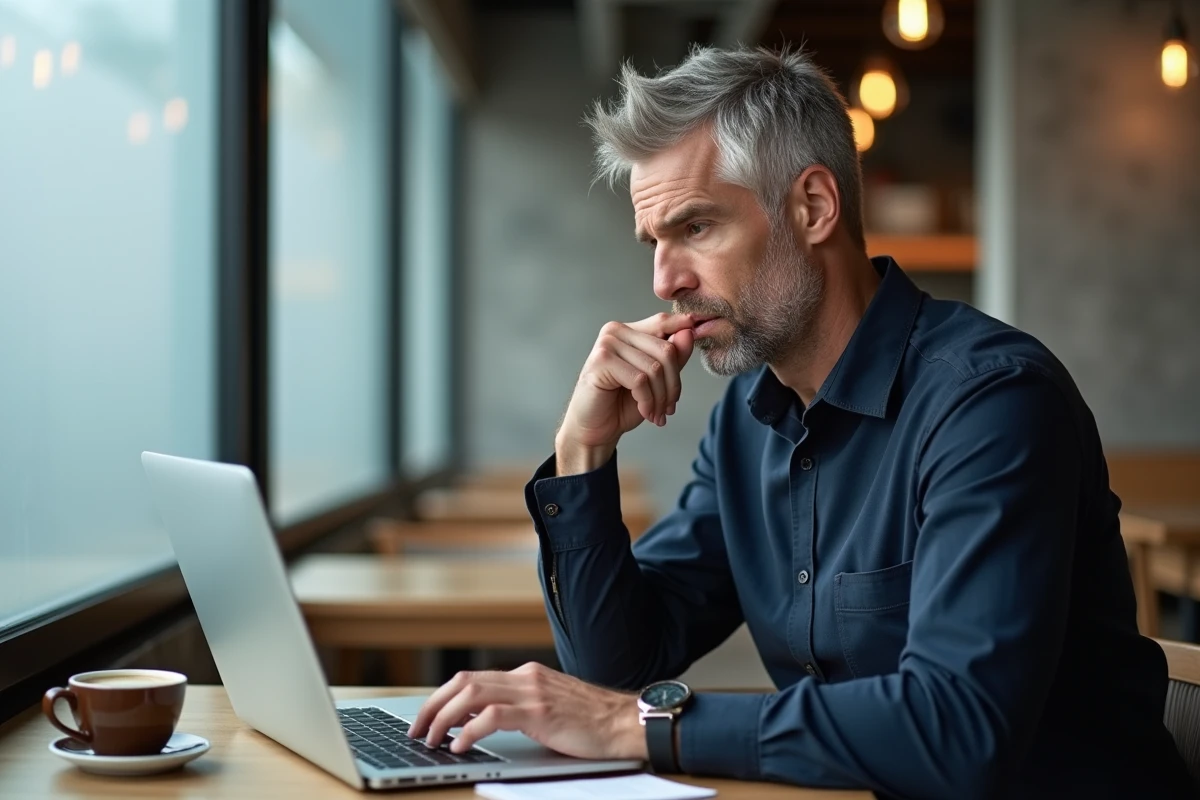Homme d'affaires vérifiant l'orthographe d'une phrase en français sur son ordinateur portable dans un café moderne
