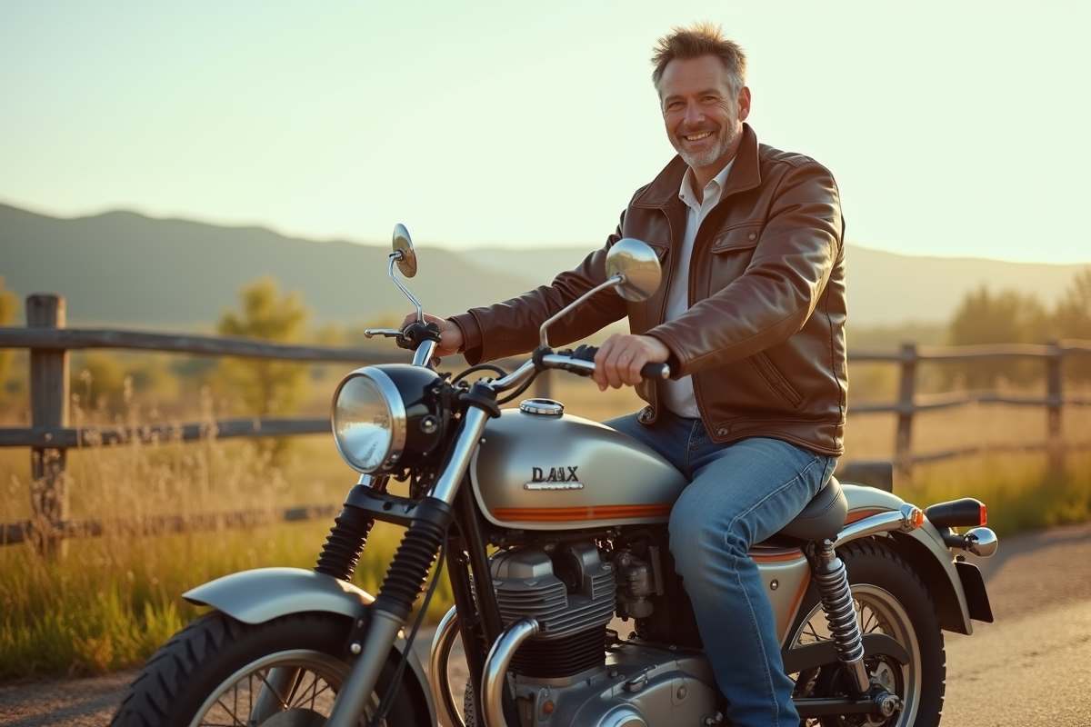 Homme souriant en moto vintage dans la campagne