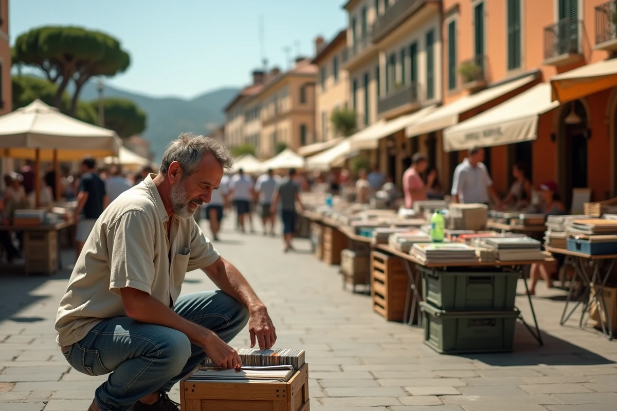 Homme fouillant des vinyles anciens dans un vide grenier en plein air sur la Côte d'Azur dans les Alpes-Maritimes