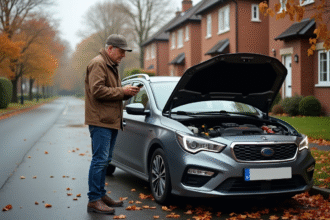 Homme d'âge moyen près d'une voiture moderne sur le bord de route