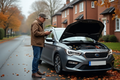 Homme d'âge moyen près d'une voiture moderne sur le bord de route