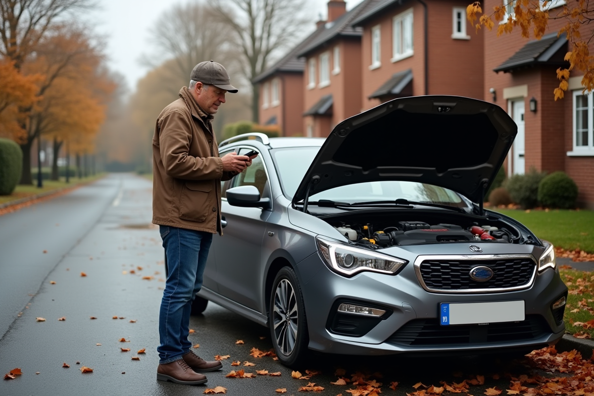 Homme d'âge moyen près d'une voiture moderne sur le bord de route