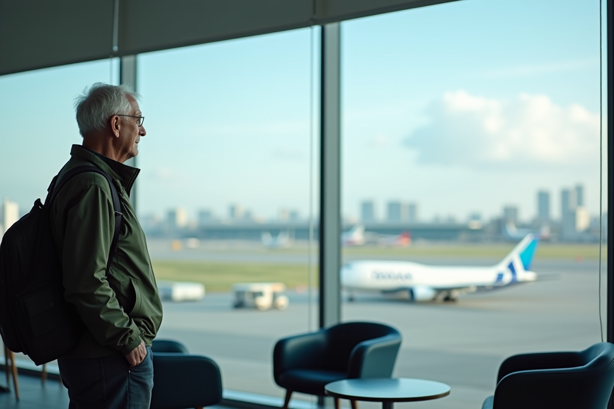 Homme âgé regardant avions électriques dans un aéroport