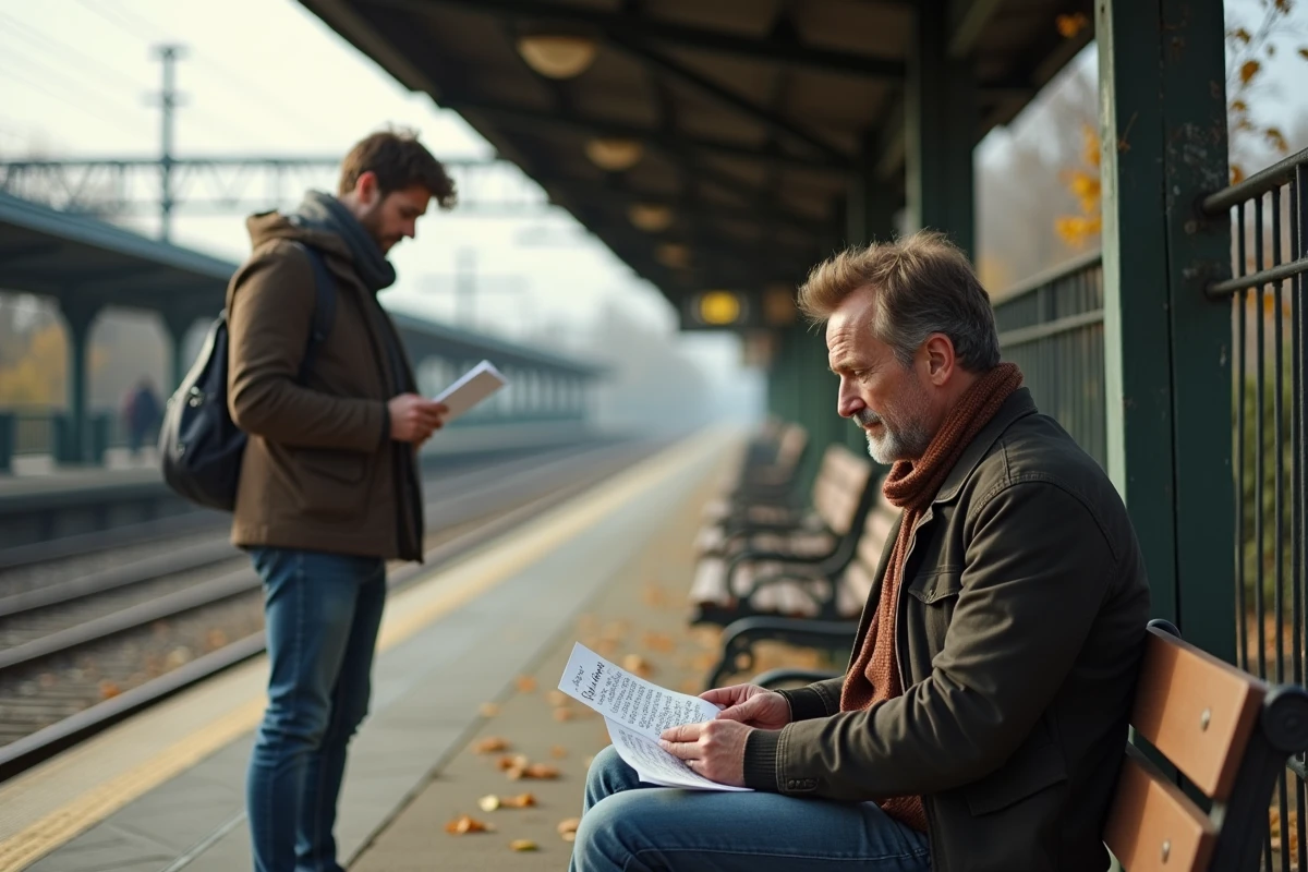 Deux hommes lisant des lettres dans différents environnements