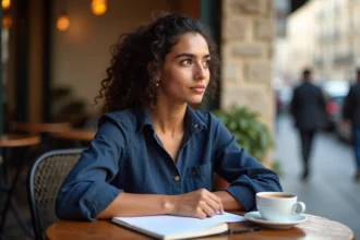 Jeune femme franco-kabyle réfléchie attablée dans un café parisien, illustrant les questions d'identité culturelle et de pluralité des origines