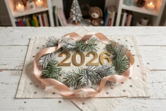 Image bonne année 2026 gratuite avec décoration dorée et branches givrées sur fond blanc en bois