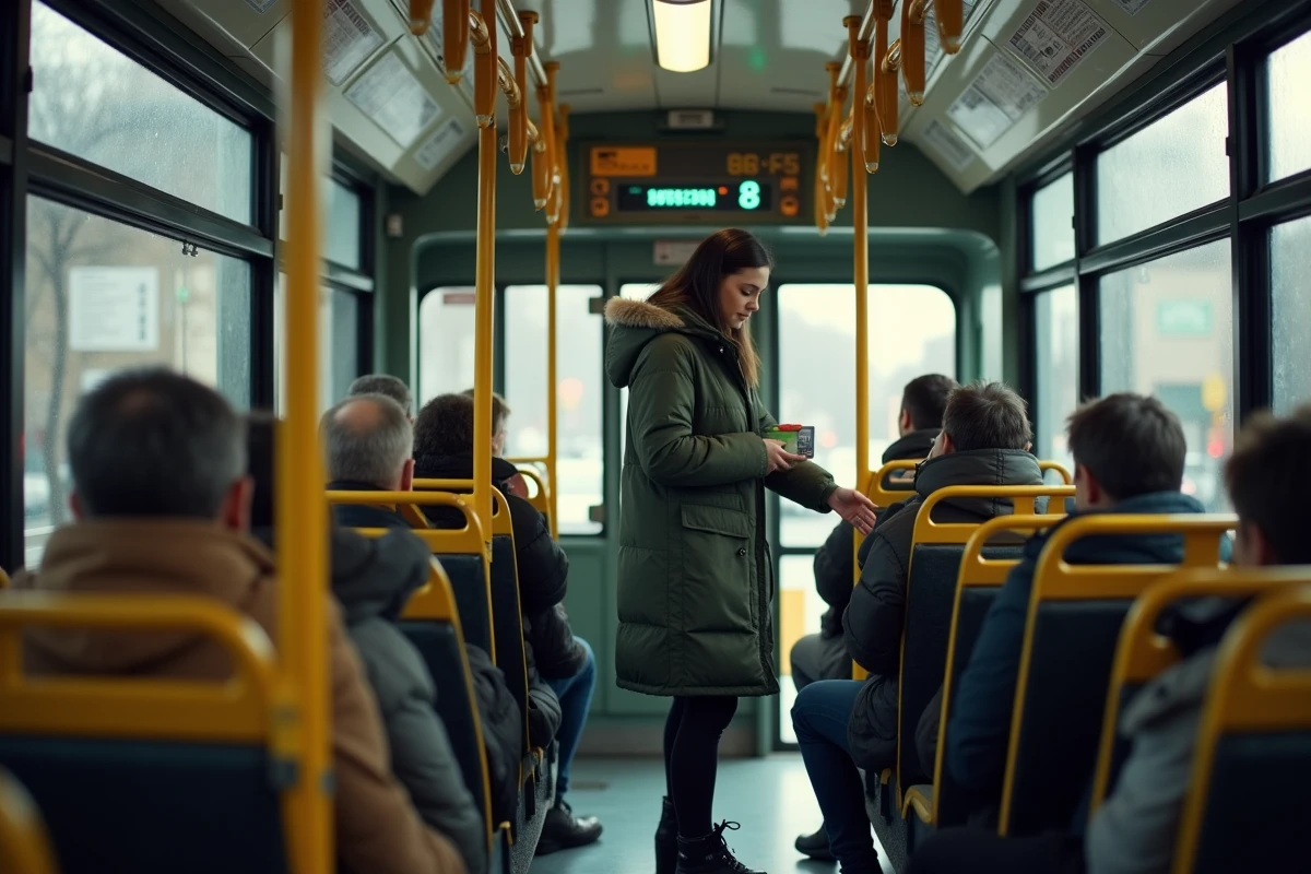 Intérieur d'un bus de ligne 92 avec une passagère validant son titre de transport lors d'un trajet urbain
