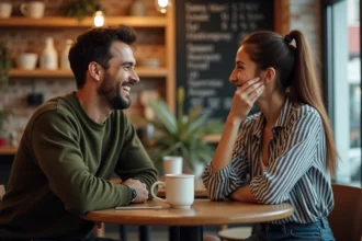 Un homme et une femme éclatent de rire autour d'un café dans un bar cosy, illustrant le plaisir partagé d'un jeu de mots bien placé