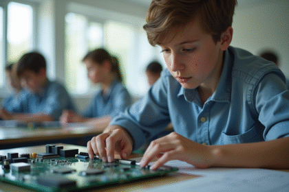 Jeune étudiant analysant un circuit électronique complexe en classe
