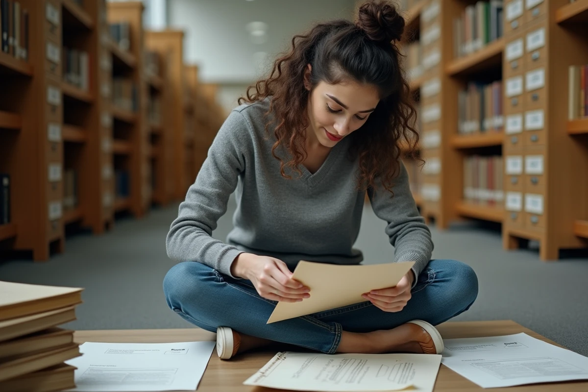 Jeune femme étudiant des documents dans une bibliothèque d