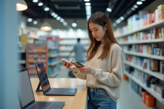 Jeune femme examinant un emballage de piles en magasin