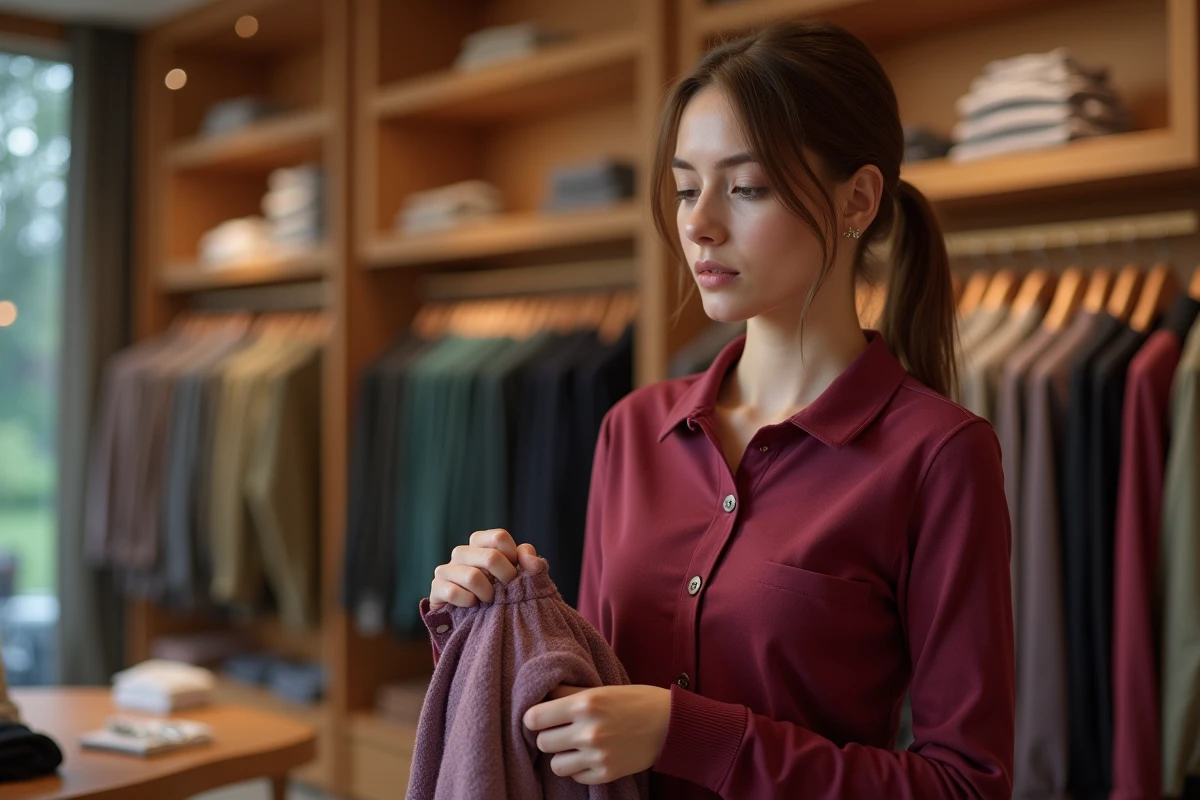 Jeune femme en polo bijou dans une boutique élégante