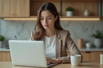 Jeune femme professionnelle travaillant sur son ordinateur dans la cuisine
