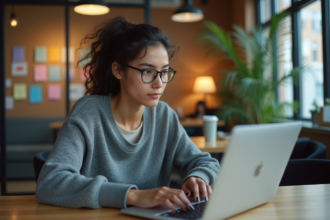 Jeune femme code sur un ordinateur dans un espace coworking