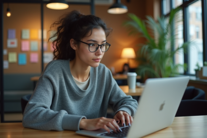Jeune femme code sur un ordinateur dans un espace coworking