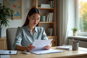 Jeune femme professionnelle examine un contrat d'hypothèque dans un bureau moderne