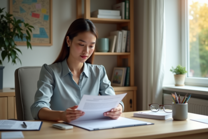 Jeune femme professionnelle examine un contrat d'hypothèque dans un bureau moderne