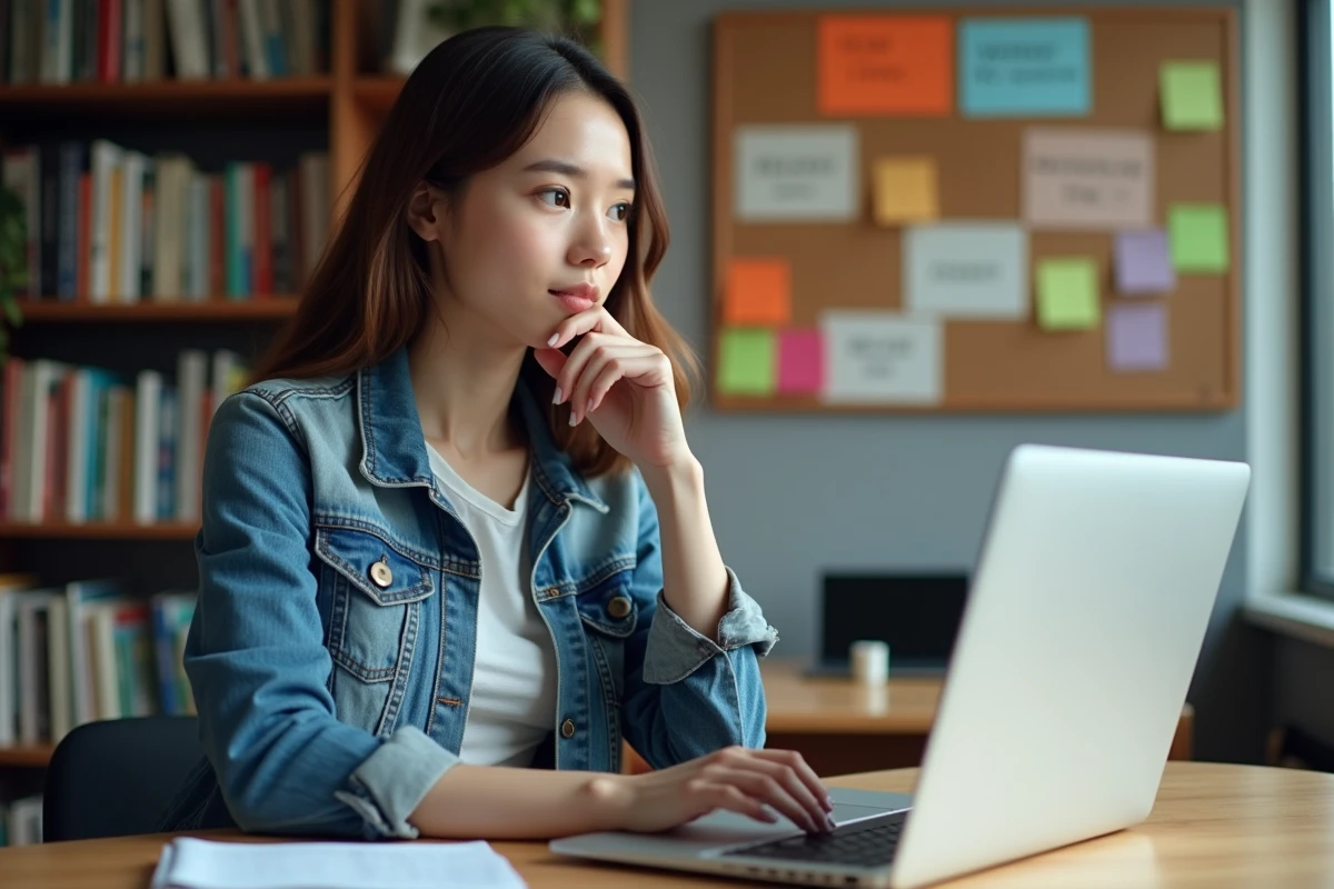 Jeune femme en bureau moderne avec livres et notes
