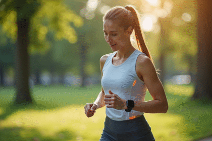 Jeune femme courant dans un parc avec vêtements connectés