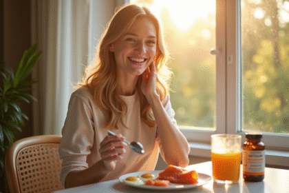 Jeune femme souriante prenant un petit déjeuner sain près d'une fenêtre