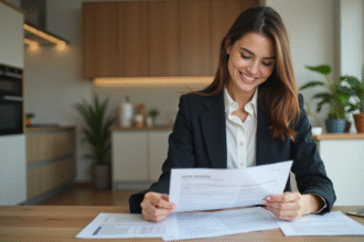 Jeune femme souriante examine documents immobiliers dans un appartement lumineux