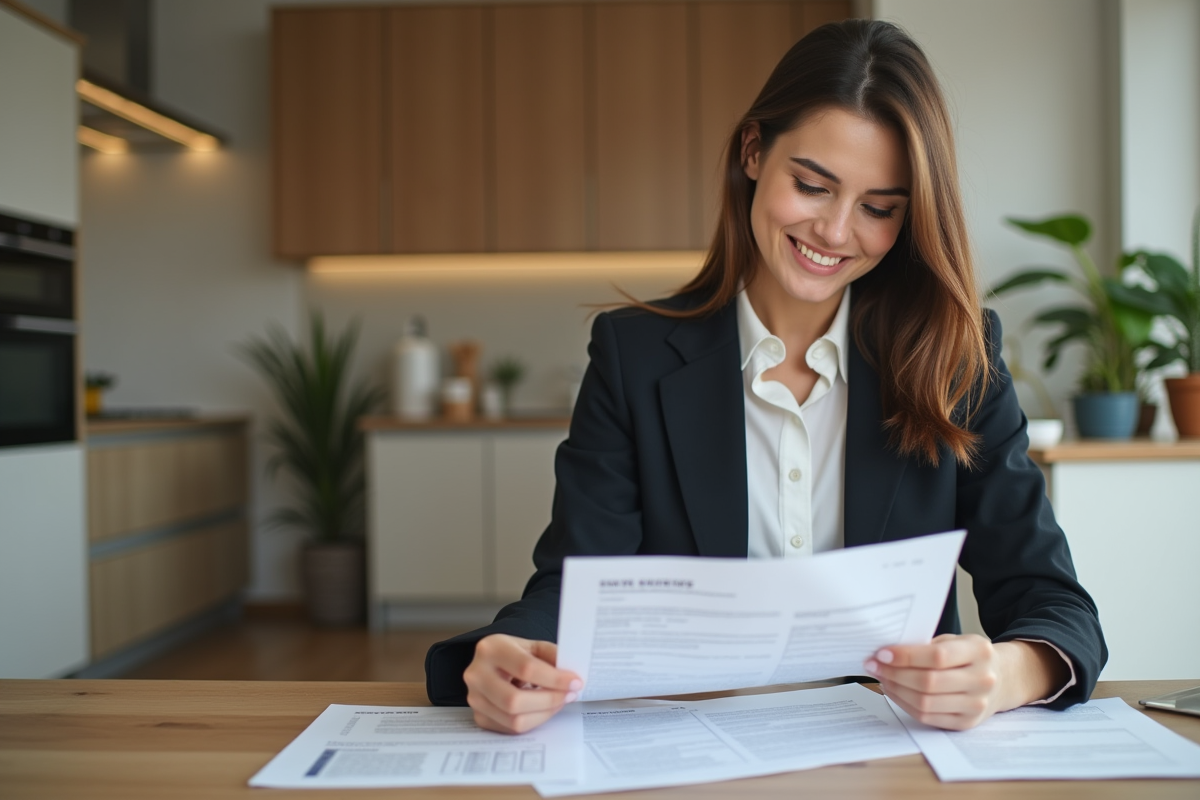 Jeune femme souriante examine documents immobiliers dans un appartement lumineux